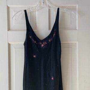 Elegant silk Black Dress with Pink Embroidery and beads, from Paris